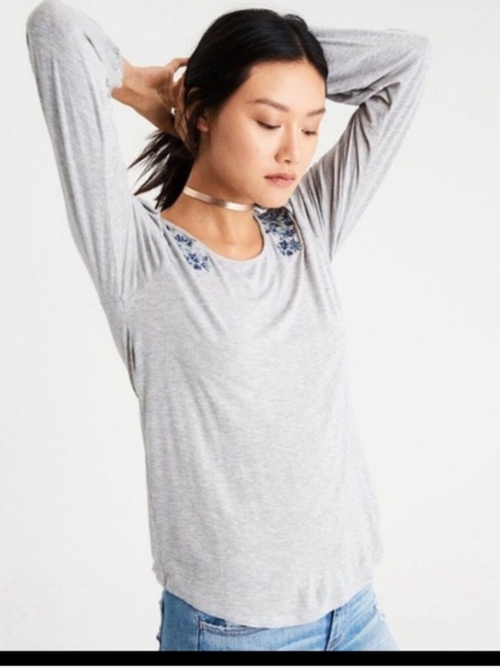 American Eagle Outfitters Light Gray Embroidered Long Sleeve Top